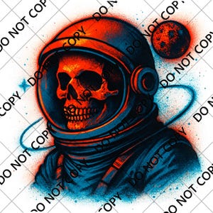 Astronaut Skull PNG Halloween Design – Retro Space Horror Art for T-Shirts, Sublimation Clipart, Sci-Fi Skeleton Digital Download