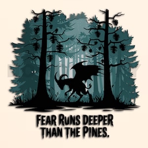 May include: A black silhouette of a horned creature with large wings stands in a forest scene. The background features stylized pine trees in shades of teal and green. The text "FEAR RUNS DEEPER THAN THE PINES" is at the bottom.