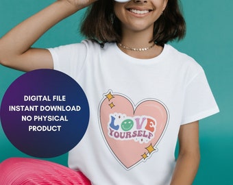 May include: A white t-shirt with a pink heart graphic that says "Love Yourself" in colorful letters. The heart has a smiley face and stars around it.