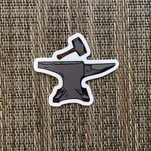 May include: A black and white sticker of an anvil with a hammer on top. The anvil is a traditional blacksmithing tool.