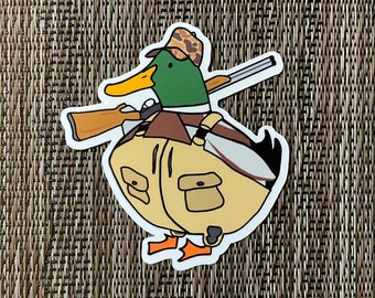May include: A cartoon illustration of a duck wearing a hunting hat and carrying a shotgun. The duck is wearing camouflage clothing and has a determined expression on its face.