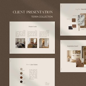 May include: A client presentation titled "Client Presentation Terra Collection" on a brown background. The presentation includes project goals, a material board, an inspiration board, and a fabric colour palette. The colour palette features shades of brown.