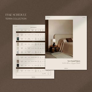 Plantilla de calendario de muebles, accesorios y acabados para diseño de interiores (FF&E) para diseñadores de interiores. Incluye tablero de estado de ánimo.