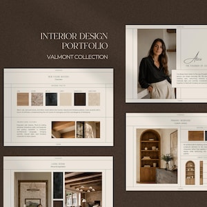 Può includere: Un portfolio di interior design intitolato Valmont Collection che presenta diverse pagine con griglie di layout, testo e fotografie di interni, tra cui una persona, scaffali in legno e campioni di materiali in tonalità beige, marrone e nero.