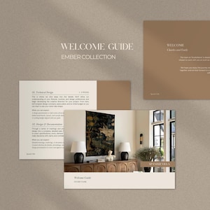 Op de afbeelding: Een Welkomstgids voor de Ember-collectie, met een neutraal kleurenpalet. De gids bevat tekst over technisch ontwerp en ontwerpdocumentatie. De afbeelding toont ook een foto van een Spaans villa-interieur.