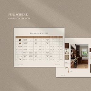 Plantilla de FF&E para diseño de interiores / Calendario FFE / Plantilla de mood board para diseño de interiores / Indesign / Canva