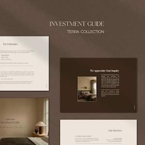以下が含まれることがあります： 茶色の背景に「Investment Guide Terra Collection」というタイトルのパンフレット。パンフレットには、料金の見積もり、サービス、および「We Appreciate Your Inquiry」と書かれたセクションに関するテキストが含まれています。インテリアデザインの画像も含まれています。