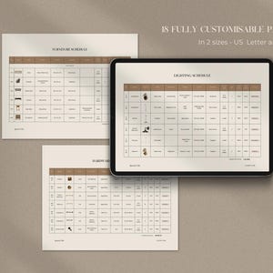 May include: A digital tablet displaying a lighting schedule table alongside two printed pages showing furniture and hardware schedules. The documents feature brown headers and grid layouts with text, totaling 18 fully customizable pages in US Letter and A4 sizes.