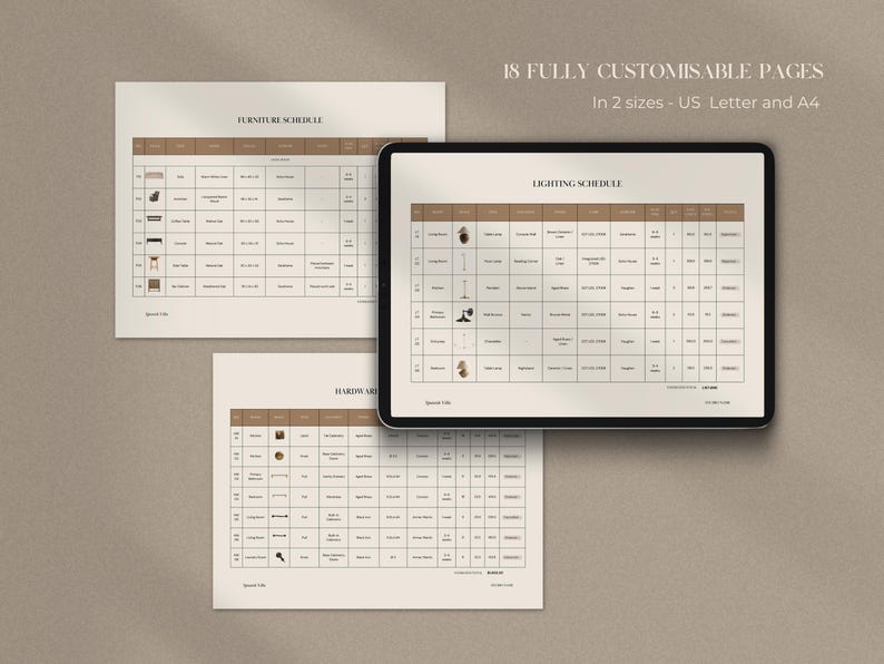 May include: A digital tablet displaying a lighting schedule table alongside two printed pages showing furniture and hardware schedules. The documents feature brown headers and grid layouts with text, totaling 18 fully customizable pages in US Letter and A4 sizes.