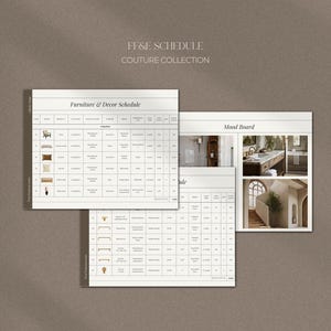 Plantilla de Canva para el cronograma de muebles, acabados y accesorios de diseño de interiores para diseñadores de interiores. Incluye tablero de inspiración y mobiliario.