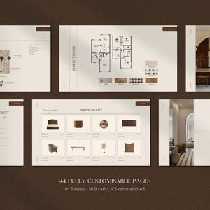 May include: A collection of interior design mood boards and floor plans, showcasing various design elements. The image includes a shopping list with furniture and decor. The text reads "44 FULLY CUSTOMISABLE PAGES" in three sizes.