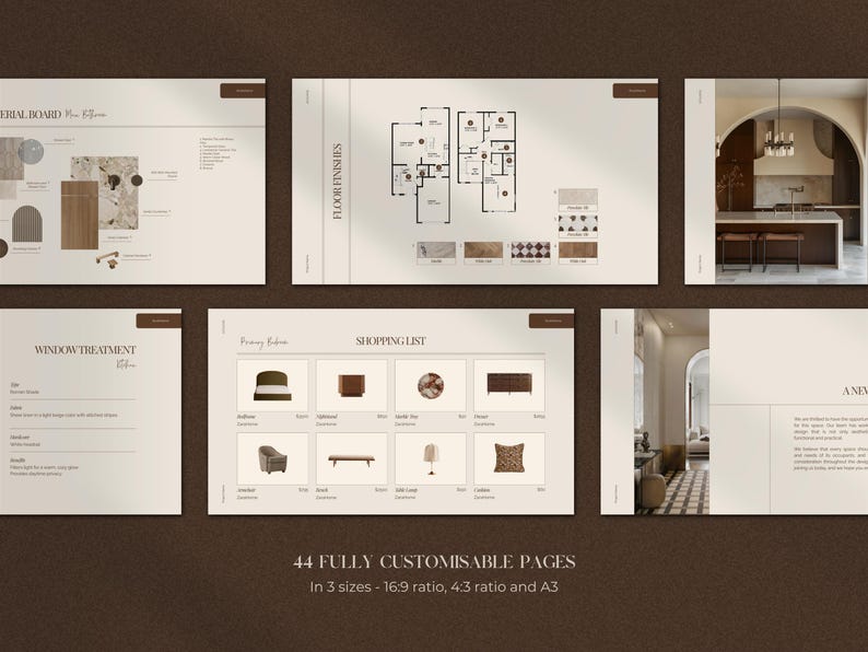 May include: A collection of interior design mood boards and floor plans, showcasing various design elements. The image includes a shopping list with furniture and decor. The text reads "44 FULLY CUSTOMISABLE PAGES" in three sizes.