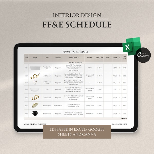 FF&E Schedule | Excel and Canva | Furniture, Fixture and Finishes Schedule Interior Design | Lighting Schedule | Hardware Schedule |