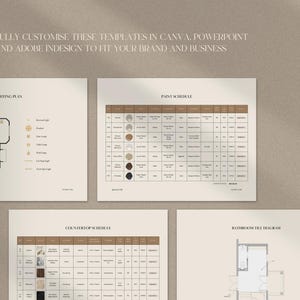 May include: A set of interior design templates featuring a lighting plan, paint schedule, countertop schedule, and bathroom tile diagram. The text reads: FULLY CUSTOMISE THESE TEMPLATES IN CANVA, POWERPOINT AND ADOBE INDESIGN TO FIT YOUR BRAND AND BUSINESS.