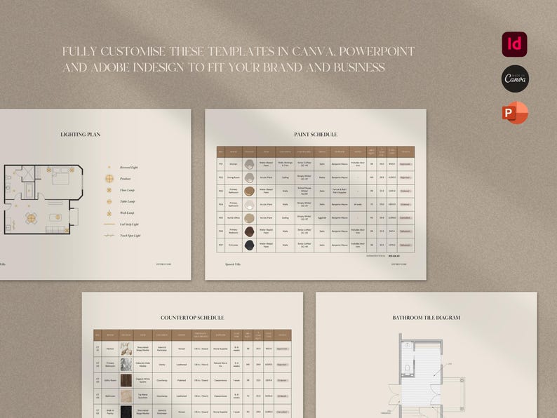 May include: A set of interior design templates featuring a lighting plan, paint schedule, countertop schedule, and bathroom tile diagram. The text reads: FULLY CUSTOMISE THESE TEMPLATES IN CANVA, POWERPOINT AND ADOBE INDESIGN TO FIT YOUR BRAND AND BUSINESS.