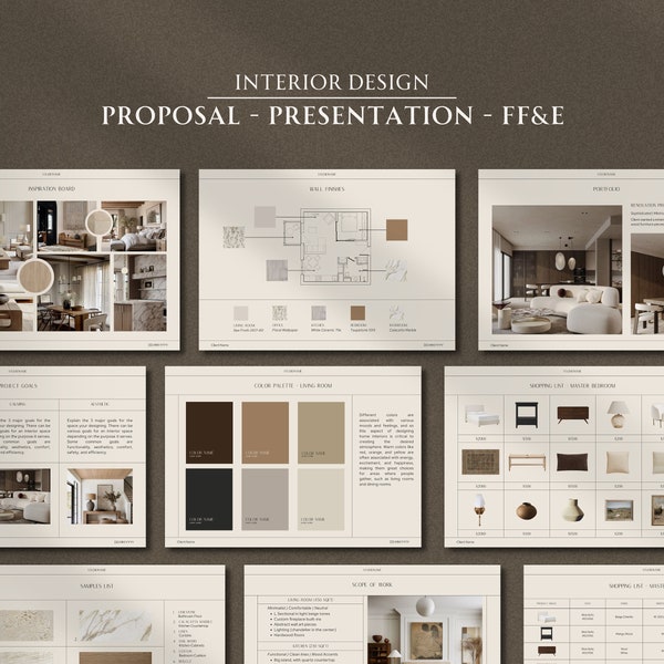 Interieurontwerpbundel | Presentatiesjabloon voor interieurontwerp | Interieurontwerpvoorstel | FF&E-schema | Interieurontwerpsjablonen