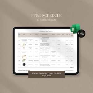 FF&E Schedule | Excel, Canva and Sheets | Furniture, Fixture and Finishes Schedule Interior Design | Lighting Schedule | Hardware Schedule