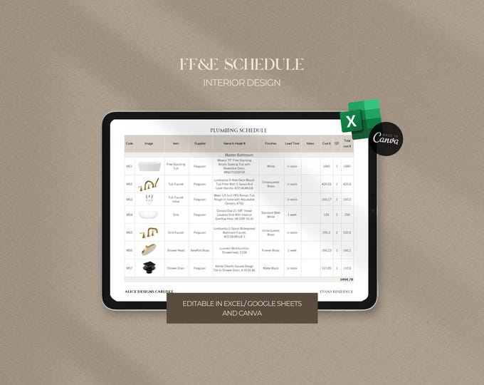 Design Ffe Schedule FF&E Schedule | Excel, Canva and Sheets | Furniture, Fixture and ...