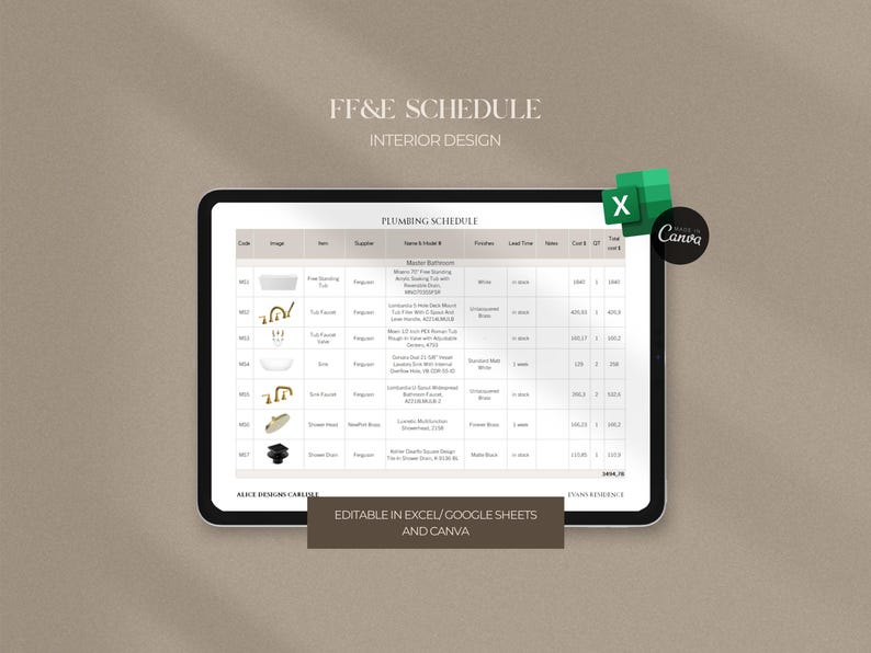 Ffe Shcedule Example FF&E Schedule | Excel, Canva and Sheets | Furniture, Fixture and ...