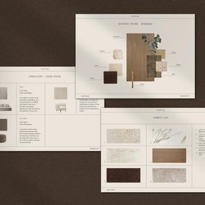 May include: A material board for a bedroom with samples of wood, fabric, and tile. The board includes the text "MATERIAL BOARD - BEDROOM".