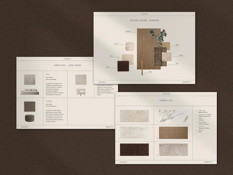 May include: A material board for a bedroom with samples of wood, fabric, and tile. The board includes the text "MATERIAL BOARD - BEDROOM".