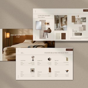 May include: A concept board and furniture selection guide for a primary bedroom and bathroom. The concept board features a mirror, stool, and bathroom fixtures. The furniture guide includes a chair, vase, and cutting board. The text "Primary Bedroom 300 sq ft" is visible.