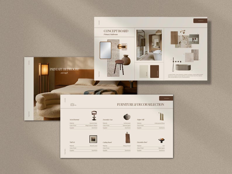 May include: A concept board and furniture selection guide for a primary bedroom and bathroom. The concept board features a mirror, stool, and bathroom fixtures. The furniture guide includes a chair, vase, and cutting board. The text "Primary Bedroom 300 sq ft" is visible.
