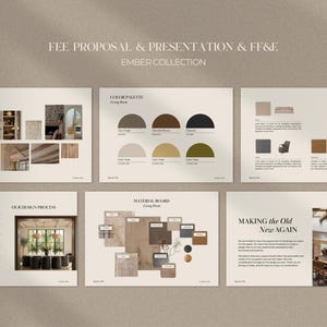 Peut inclure: Un tableau de présentation pour la collection Ember, présentant des éléments de design. Le tableau comprend des mood boards, des palettes de couleurs, des planches de matériaux et des échantillons de tissus d'ameublement. Le texte comprend "Fee Proposal & Presentation & FF&E" et "Making the Old New Again."