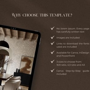 May include: A digital mockup of a template for a modern interior design magazine. The template features a photo of a dining room with a wooden table, chairs, and a light fixture. The text on the page reads "WHY CHOOSE THIS TEMPLATE?" and lists several reasons why this template is a good choice, including that it is available for Canva, InDesign, and PowerPoint.