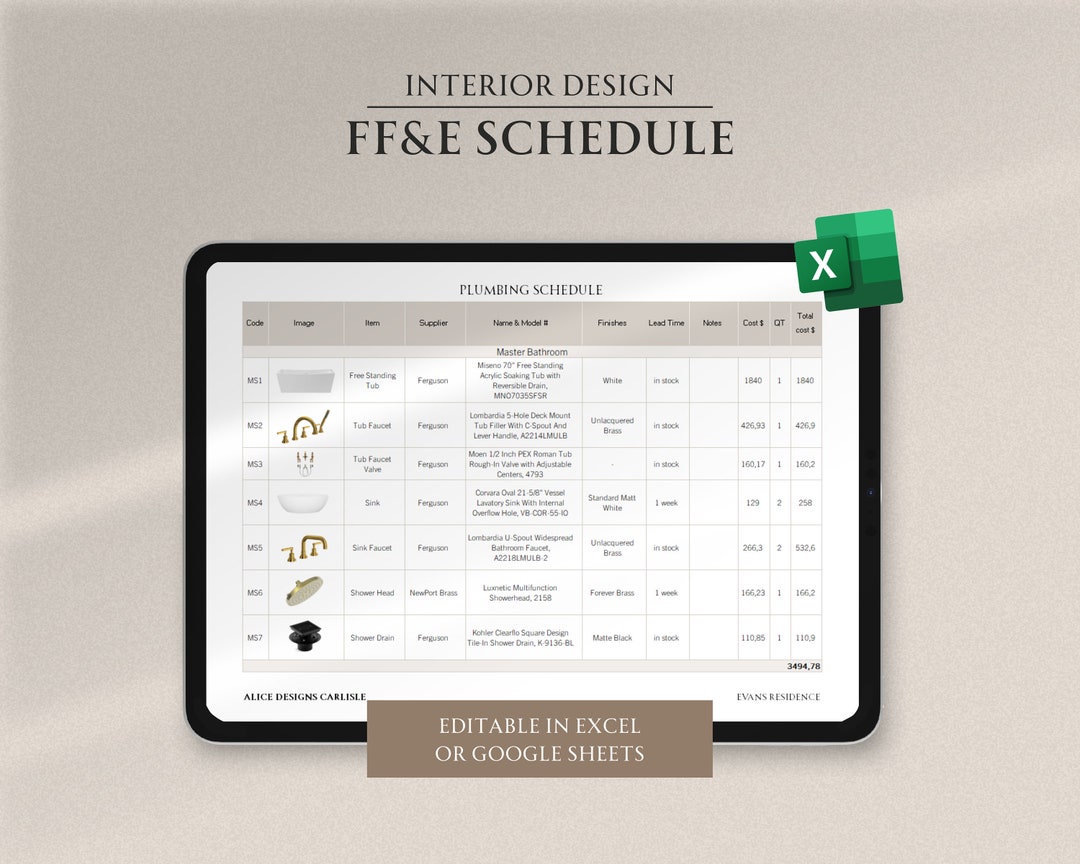 Furniture, Fixture and Finishes Schedule Interior Design Excel Lighting