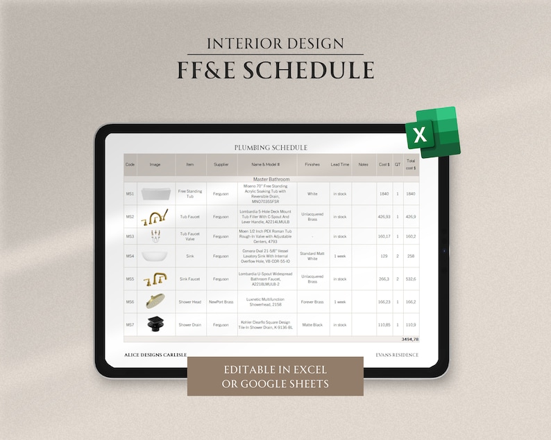 Furniture, Fixture and Finishes Schedule Interior Design Excel Lighting