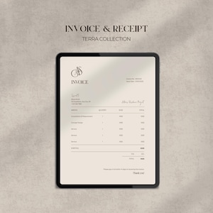 May include: A digital tablet showing an invoice and receipt template. The text "INVOICE & RECEIPT" and "TERRA COLLECTION" are at the top. The invoice includes fields for service details and totals, with a signature line.