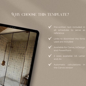 May include: A digital tablet displays a template preview with the text WHY CHOOSE THIS TEMPLATE? and a list of features including pre-written text, font download links, compatibility with Canva, InDesign, and PowerPoint, US Letter and A4 sizes.