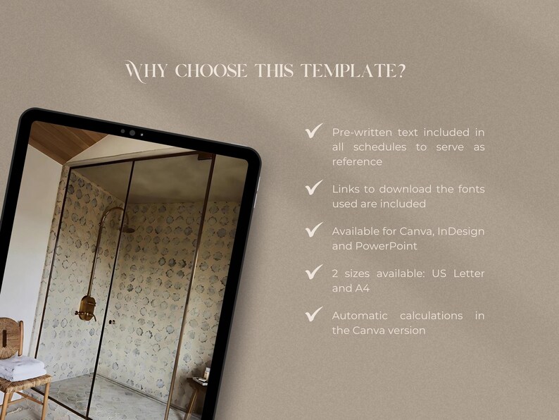 May include: A digital tablet displays a template preview with the text WHY CHOOSE THIS TEMPLATE? and a list of features including pre-written text, font download links, compatibility with Canva, InDesign, and PowerPoint, US Letter and A4 sizes.