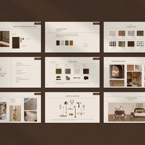 May include: A collection of design concept boards, including cabinet hardware, color palettes, sample lists, upholstery options, inspiration boards, mood boards, lighting fixtures, and a concept board. The boards are displayed on a brown background.