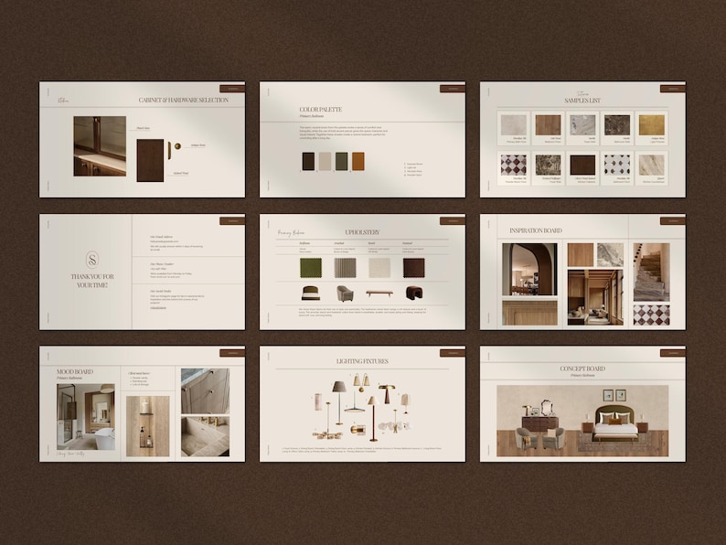 May include: A collection of design concept boards, including cabinet hardware, color palettes, sample lists, upholstery options, inspiration boards, mood boards, lighting fixtures, and a concept board. The boards are displayed on a brown background.