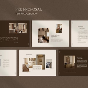 以下が含まれることがあります： 「FEE PROPOSAL TERRA COLLECTION」というタイトルのパンフレットレイアウト。インテリアデザインの写真、テキスト、「Meet the Team」、「Master Bedroom Renovation」、「Terms and Conditions」、「Next Steps」というフレーズが特徴です。
