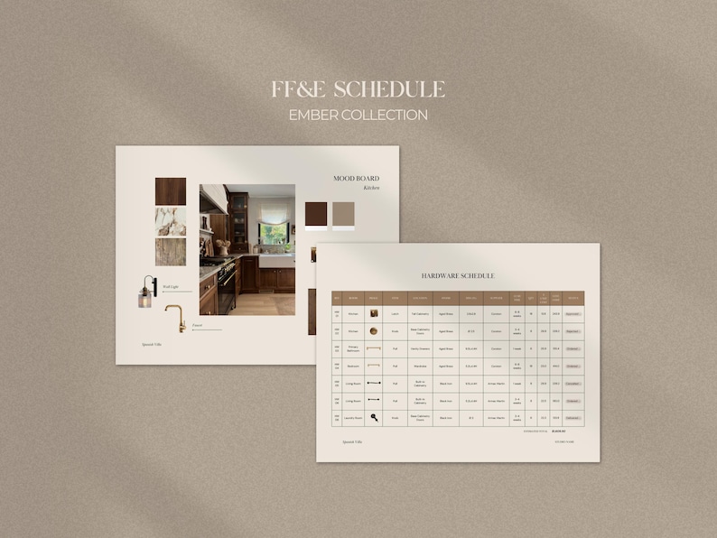 May include: An FF&E Schedule Ember Collection document featuring a mood board with kitchen interior imagery, material swatches, and a hardware schedule table. The layout includes text labels for wall lights, faucets, and detailed hardware specifications.