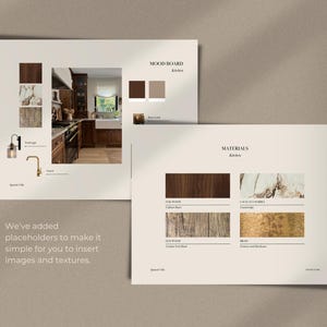 May include: A kitchen design mood board template featuring two pages with placeholders for images and textures. The layout includes sections labeled MOOD BOARD and MATERIALS, showcasing samples of oak wood, Calacatta marble, elm wood, and brass finishes.