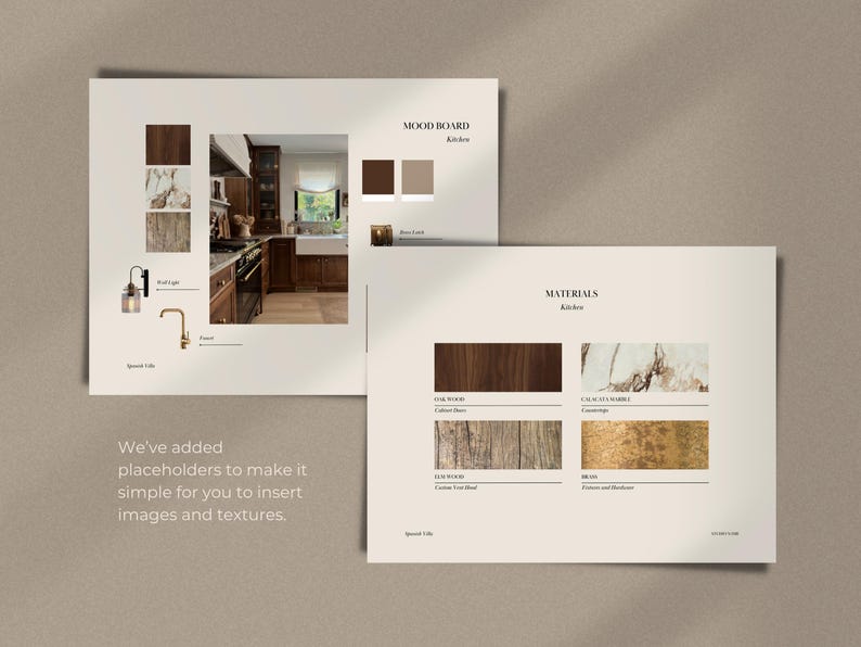 May include: A kitchen design mood board template featuring two pages with placeholders for images and textures. The layout includes sections labeled MOOD BOARD and MATERIALS, showcasing samples of oak wood, Calacatta marble, elm wood, and brass finishes.