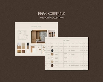 FF&E Schedule | Interior Design Furniture, Fixtures and Finishes Schedule Template for Interior Designers | Includes Mood Board