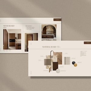 May include: Two interior design mood boards on a neutral background. The top board is labeled "MOOD BOARD Kitchen" and features images of a kitchen. The bottom board is labeled "MATERIAL BOARD" and displays design elements like textures and colors.