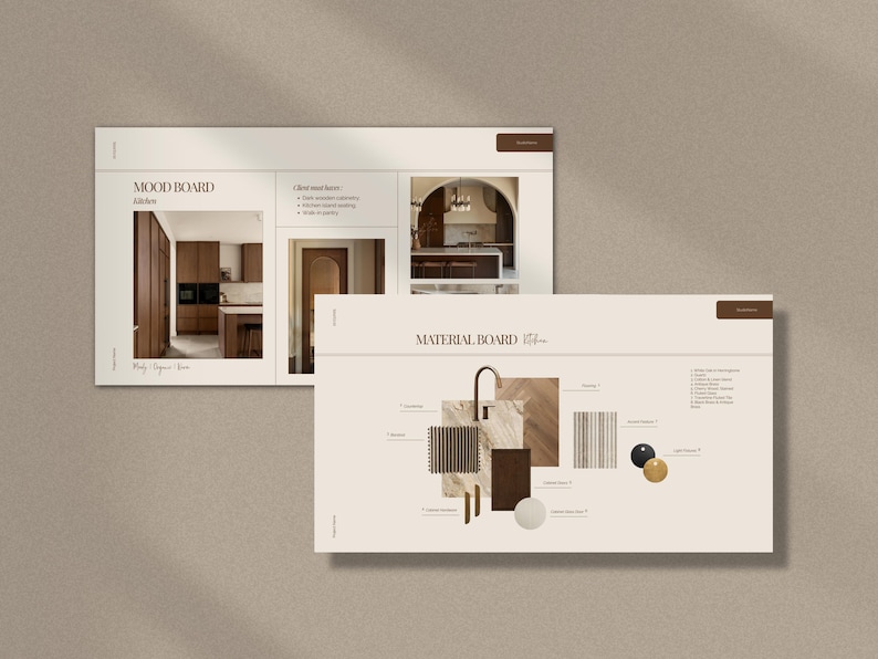 May include: Two interior design mood boards on a neutral background. The top board is labeled "MOOD BOARD Kitchen" and features images of a kitchen. The bottom board is labeled "MATERIAL BOARD" and displays design elements like textures and colors.