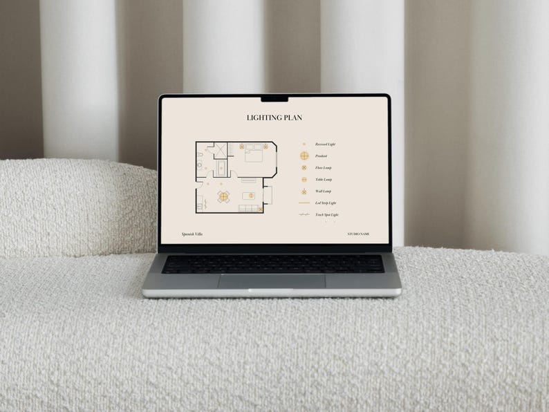 May include: A laptop displaying a digital lighting plan on its screen. The screen shows a floor plan layout with various light fixture icons and a legend labeled LIGHTING PLAN, Recessed Light, Pendant, Floor Lamp, Table Lamp, Wall Lamp, Led Strip Light, and Track Spot Light.