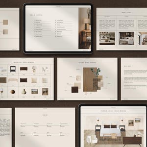 May include: A set of interior design mood boards with a neutral colour palette. The boards include floor plans, furniture selections, and fabric swatches. The boards are organised into categories such as "Shopping List", "Mood Board", and "Furniture & Textiles".