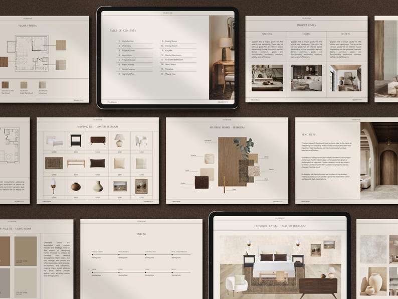 May include: A set of interior design mood boards with a neutral colour palette. The boards include floor plans, furniture selections, and fabric swatches. The boards are organised into categories such as "Shopping List", "Mood Board", and "Furniture & Textiles".
