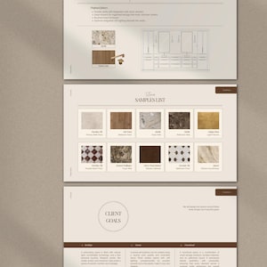 May include: A three-page design presentation featuring project colors, a samples list, and client goals. The project colors section displays material samples and a cabinet design. The samples list showcases various tile and wood options.