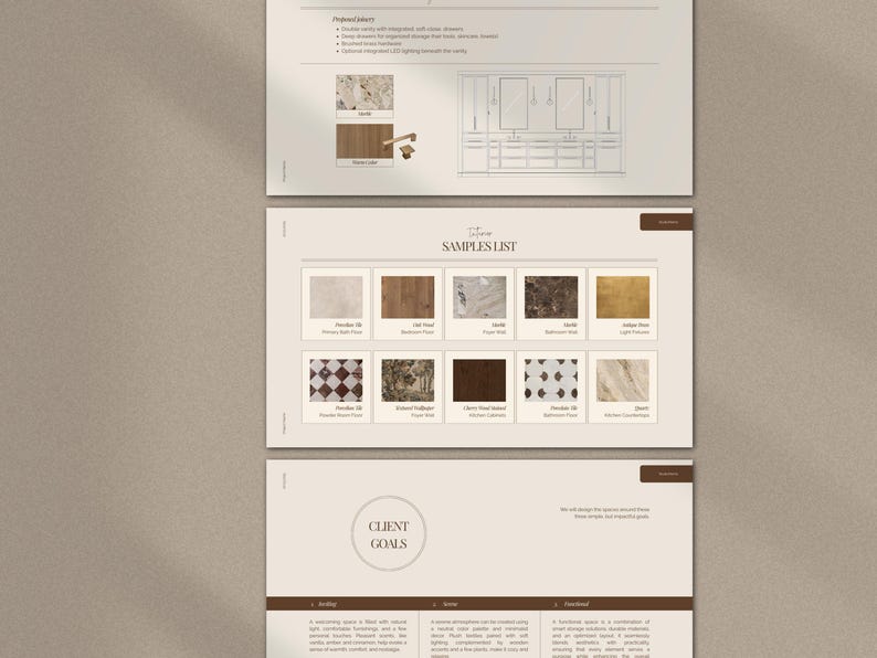 May include: A three-page design presentation featuring project colors, a samples list, and client goals. The project colors section displays material samples and a cabinet design. The samples list showcases various tile and wood options.