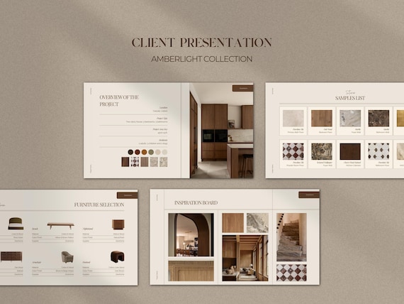 Interior Design Presentation Template Canva, InDesign and PowerPoint | Mood Board | Design Selections | Amberlight Collection