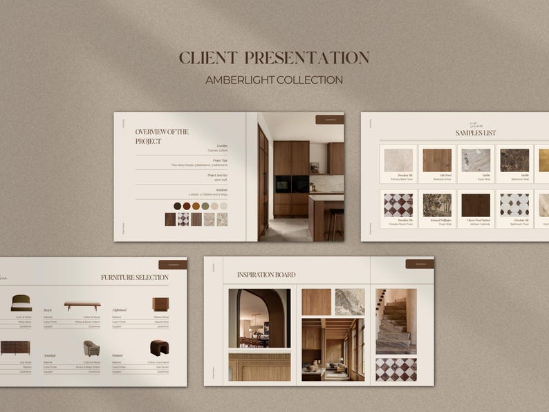 May include: A presentation board titled "Client Presentation Amberlight Collection" with multiple pages. The pages showcase interior design elements, including furniture, samples, and an inspiration board. The color palette is neutral with warm wood tones.
